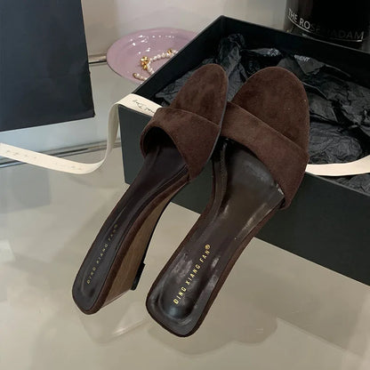 Flock Fashion Round Toe Women Wedges Slippers Sandals Shoes Luxury Female Slides Footwear Sexy Ladies Heeled Slippers Shoes