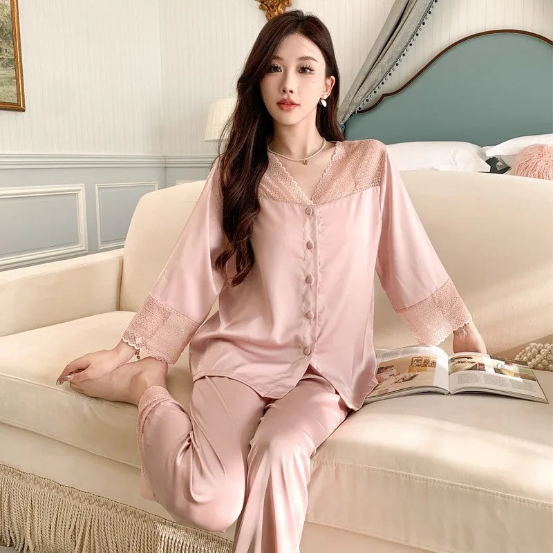 Women's Ice Silk Long-Sleeve Shirt and Full-Length Bottom Pajama Set Soft Warm Loungewear