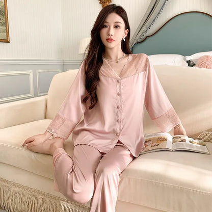 Women's Ice Silk Long-Sleeve Shirt and Full-Length Bottom Pajama Set Soft Warm Loungewear