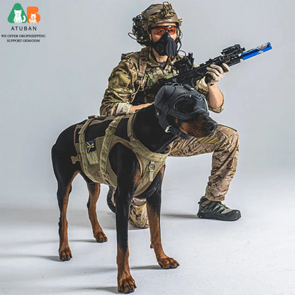 ATUBAN Tactical Dog Military Hunting Training K9 Helmet, Large Dog Patrol Dogs Sheepdog Pet Motorcycle Protective Helmet Goggles