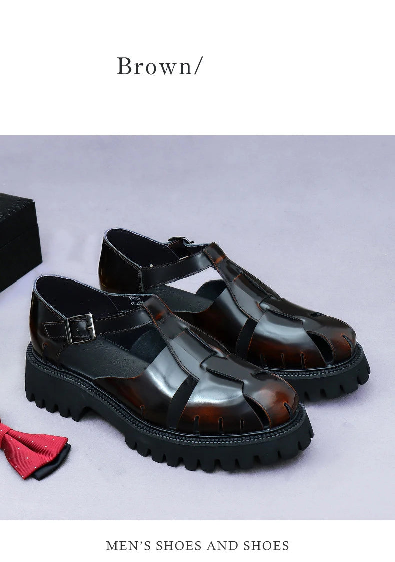 4.5Cm Thick Sole Heightening Sandals Men's Glossy Cowhide Buckle Business Casual British Genuine Leather Summer Sandals for Men