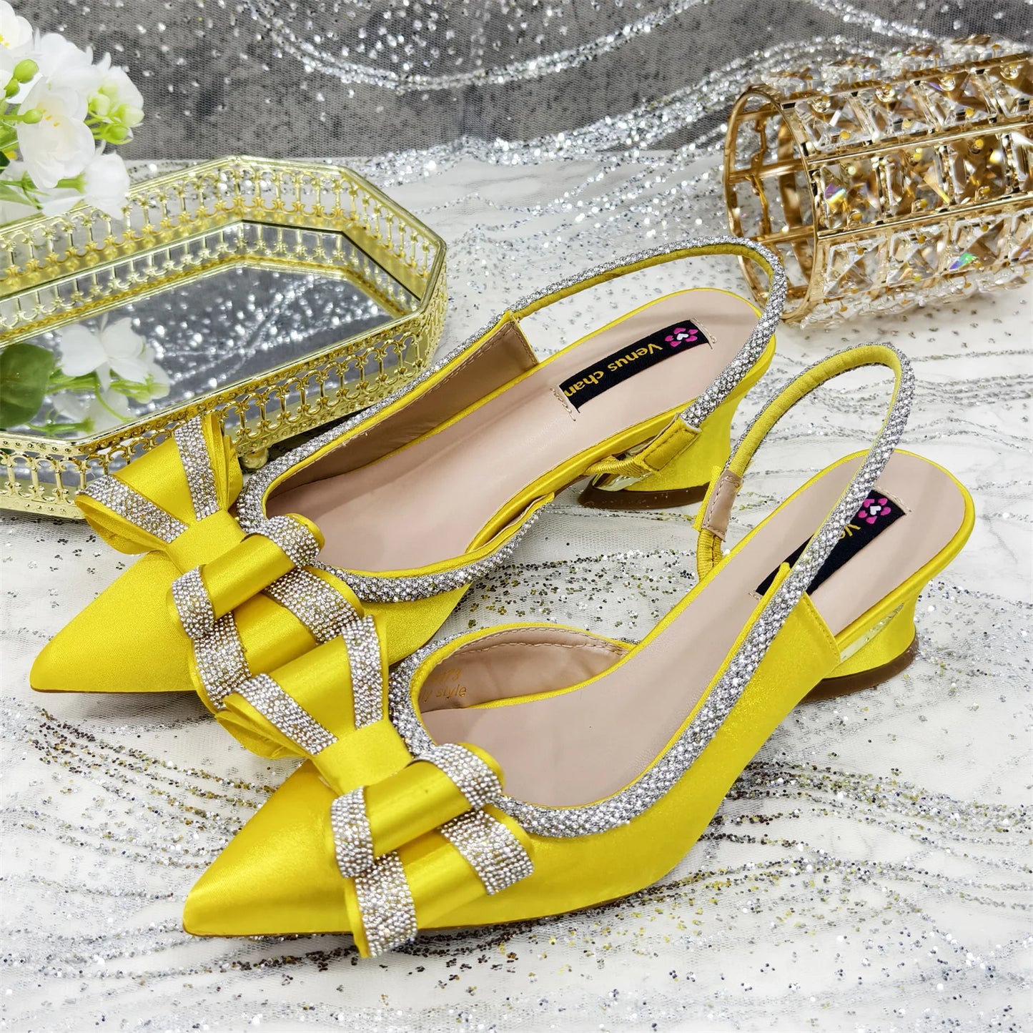 Elegant Gold Satin Rhinestone Bow Slingback Heel & Clutch Bag Set, Women Bridal Matching Kit For Wedding Party Evening Prom Form