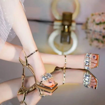 Gold Silver High Heels Sandals Women 2025 Summer Square Toe Shiny Crystal Sandals Woman Ankle Straps Thin Heel Party Pumps Shoes
