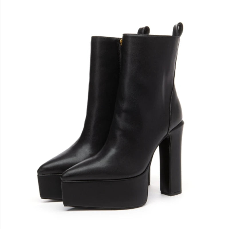 Sexy Pointed Toe Platform Chunky Heels Women Ankle Boots Black Matte Leather Side Zipper Block Heels  Short Booties