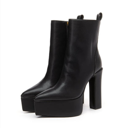 Sexy Pointed Toe Platform Chunky Heels Women Ankle Boots Black Matte Leather Side Zipper Block Heels  Short Booties