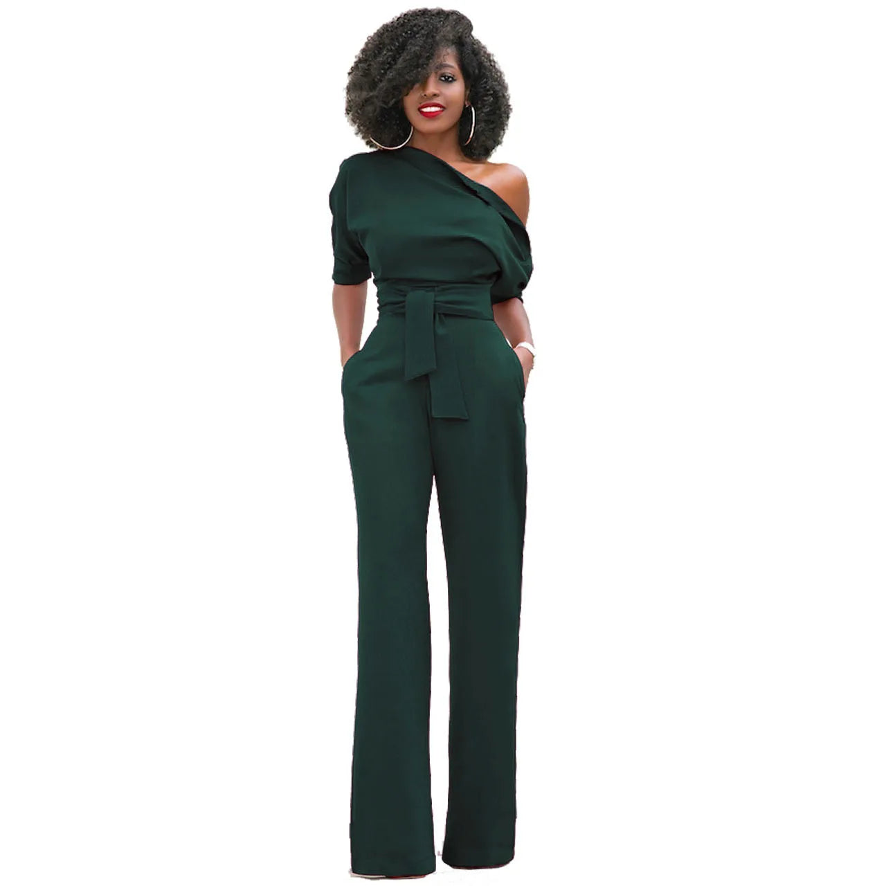 2024 Summer New Fashion Women's Jumpsuit Solid Color Slanted Shoulder Elegant Temperament Sleeveless Long Wide Leg Jumpsuit