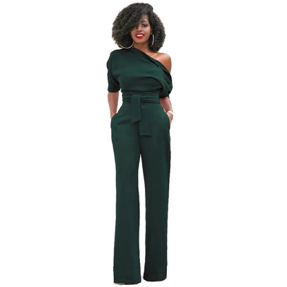 2024 Summer New Fashion Women's Jumpsuit Solid Color Slanted Shoulder Elegant Temperament Sleeveless Long Wide Leg Jumpsuit