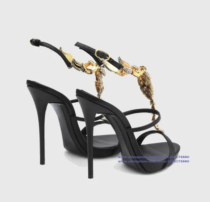 Gold Scorpion T-Strap Sandals Round Toe Stiletto Heels Women's High Heels Elegant Party Dress Shoes Sandalias De Mujer Verano