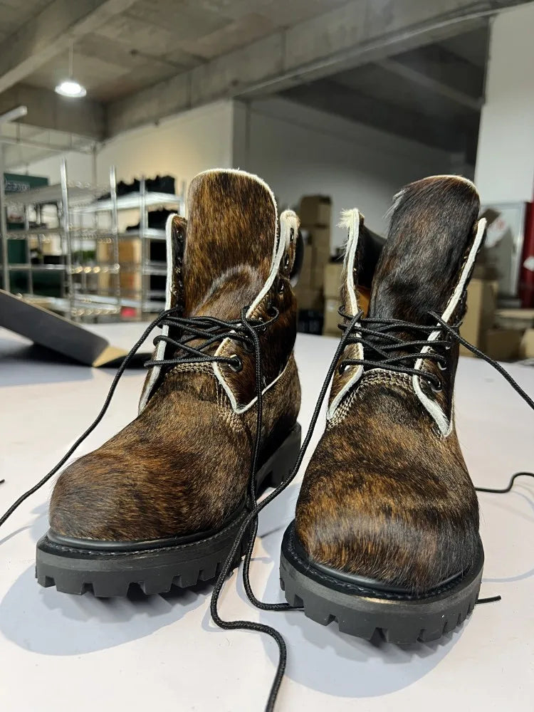 Designer Personality Horsehair Cargo Boots Male Lace Up British Style Handmade High Quality High Top Shoes Vintage Cargo Boots