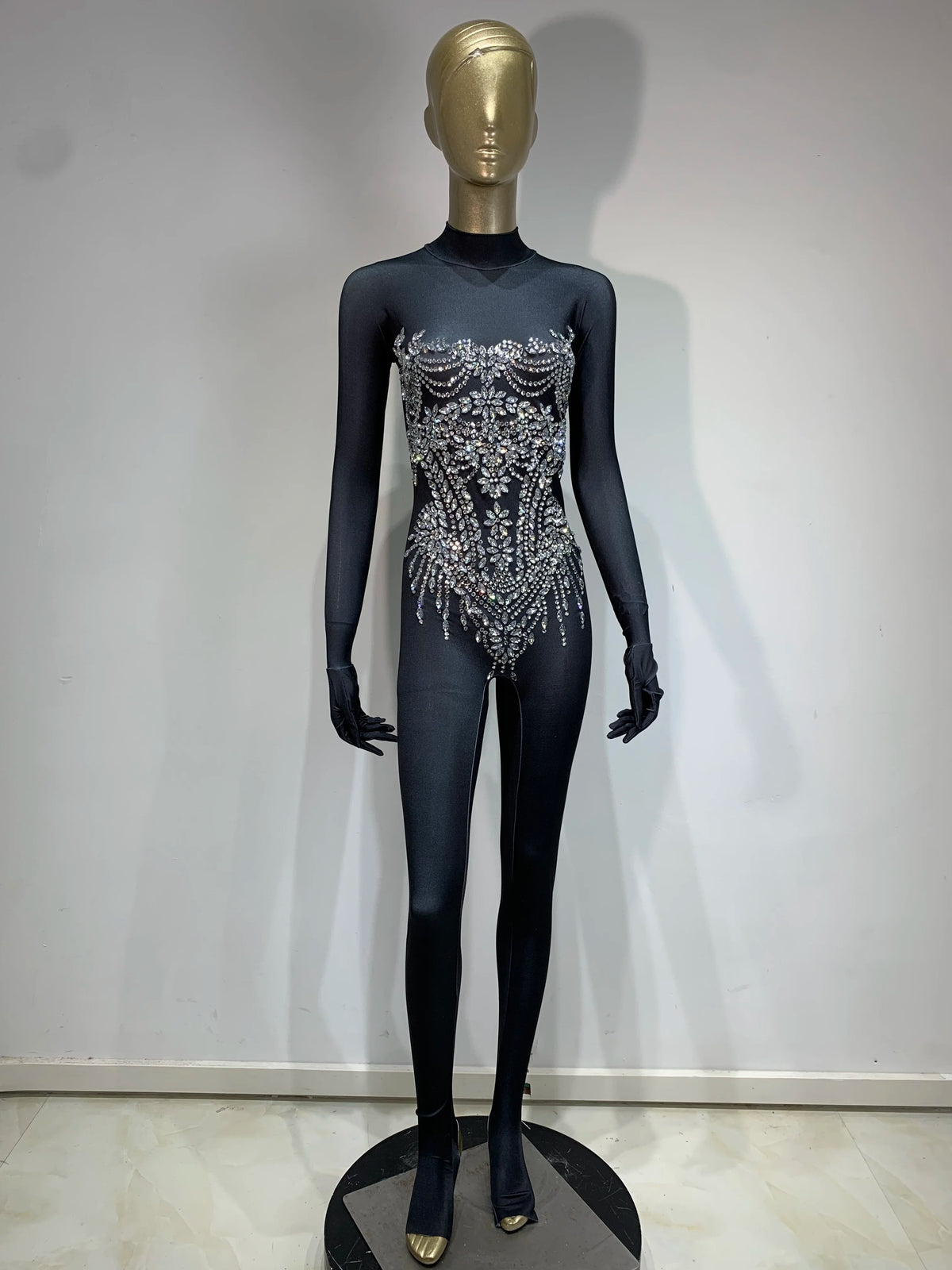 STOCK Sparkling Rhinestone Stretch Jumpsuit Women Sexy Club Evening Party Wear Drag Queen Singer Dancer Stage Perform Costume