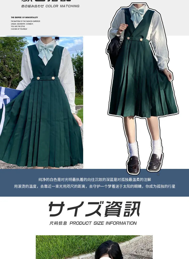 Japanese Korean Class High School Student Girl Long Pinafore Pleated Dress  JK Uniform Cosplay Seifuku Schoolgirl Sundress