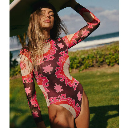 2026 New Sexy Print One Piece Swimsuit Women Swimwear Monokini Long Sleeve Bathing Suit Female Bodysuit Surfing Swim Wear Beach