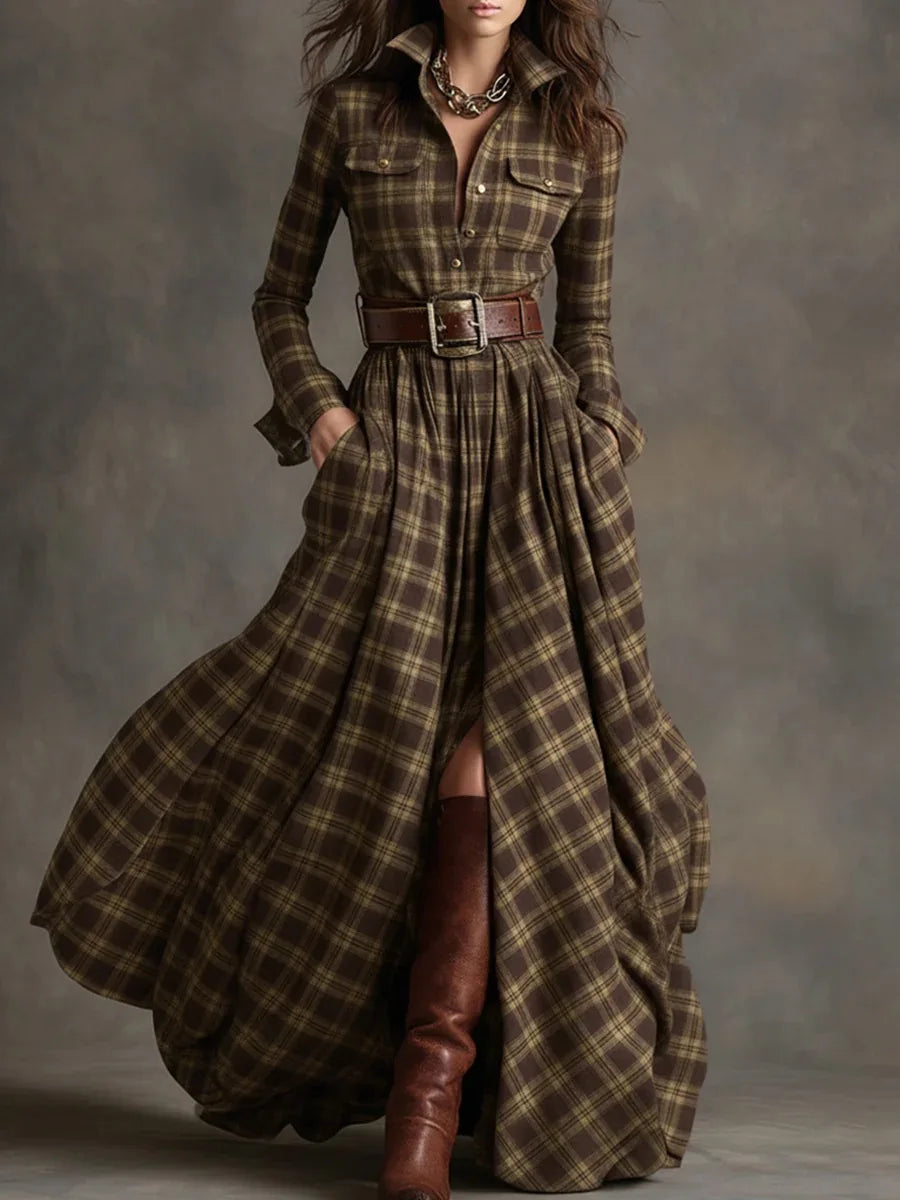 Autumn Vintage Long Sleven Dress for Women Plaid Print Shirt Maxi Dress Vacation Female Elegant Belt Loose Pocket A-line Dresses