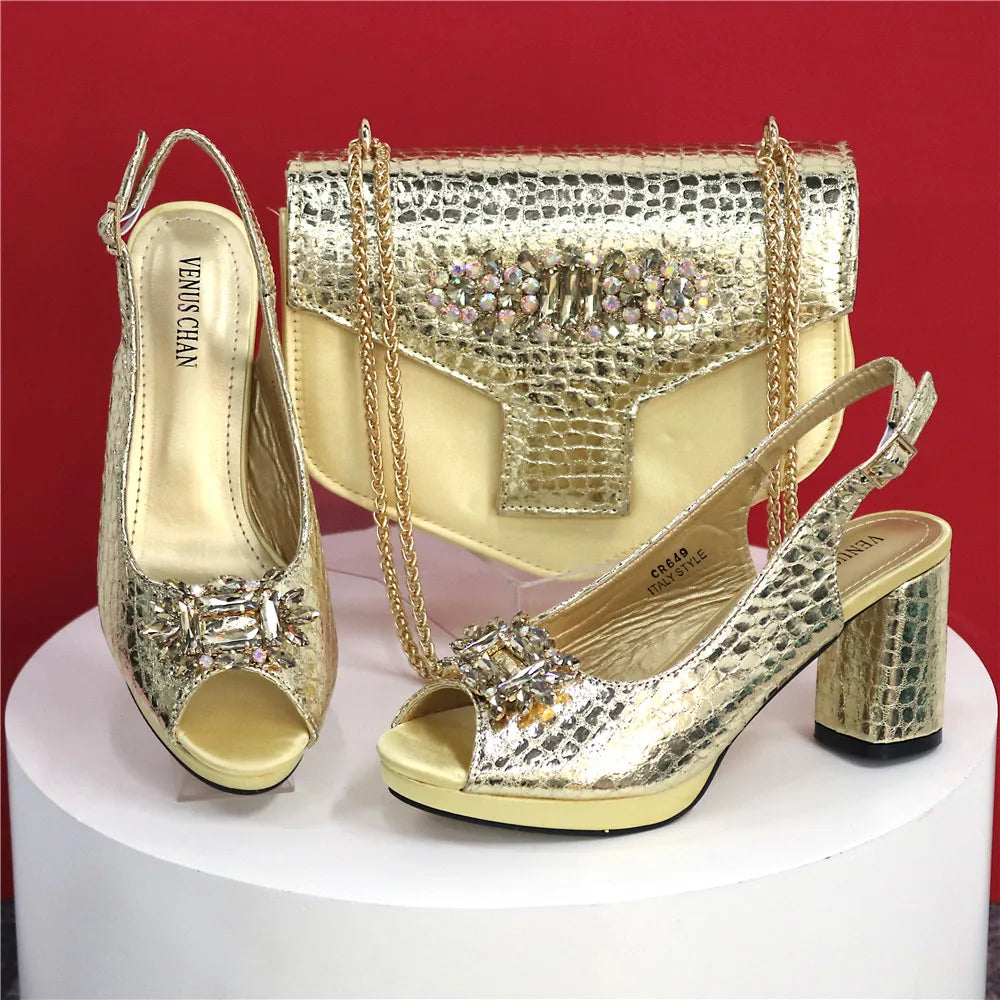 2025 Fashion Open Toe Women Strange Heels Bigger Size Fashion Rhinestone Decoration Purple Shoes And Bag Set Party Bag