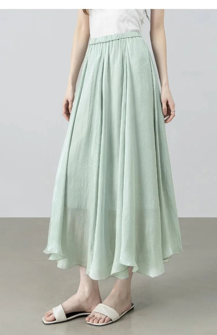 SENTUBILA Women's Summer Skirt 2026 Elegant Elastic Waist Sheen Flowy A Line Long Skirt for Woman Ladies Clothes 162QG4909
