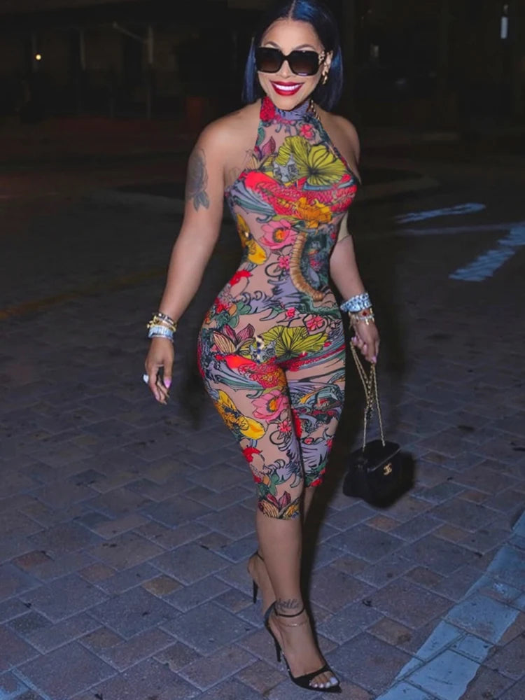 Kliou Colorful Print Playsuits Woman Bandage Halter Backless Skinny Peach Hip Female Midnight Club Party Sexy Fashion Rompers