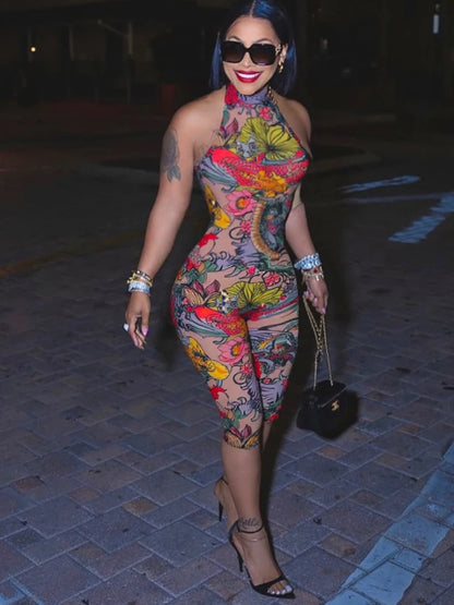Kliou Colorful Print Playsuits Woman Bandage Halter Backless Skinny Peach Hip Female Midnight Club Party Sexy Fashion Rompers