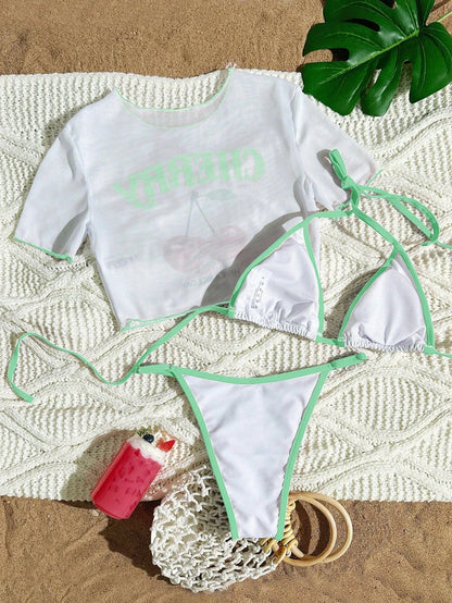 Cute Halter Bikini 3 Pieces Cherry Print 2026 Sexy & Fresh Feeling Bathing Suit Three-Piece Swimsuit Dark Blue Beach Swimwear