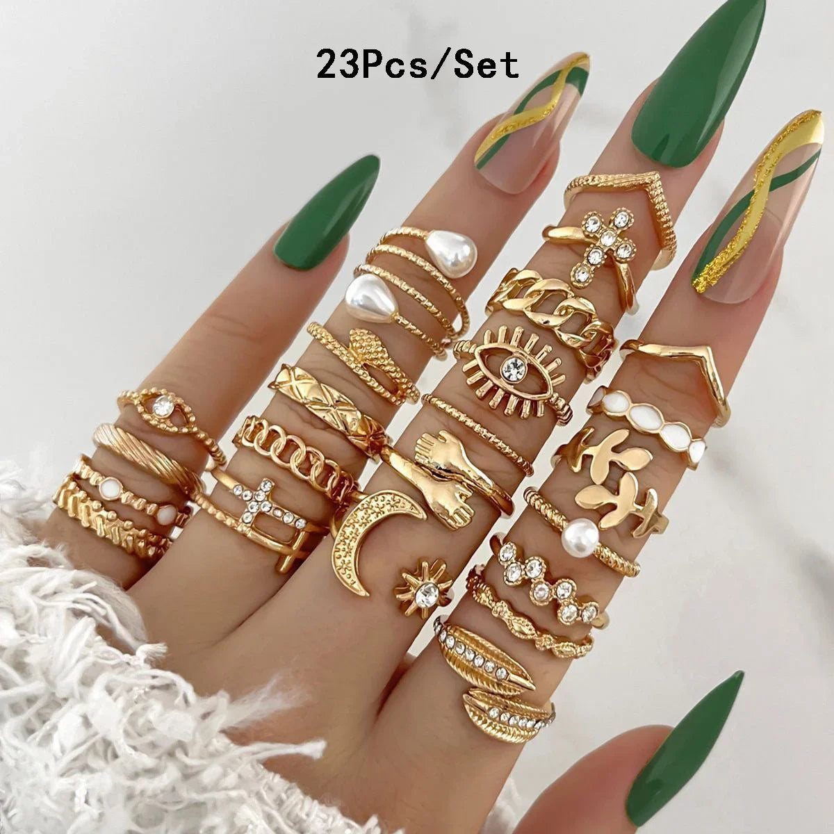 28Pcs Fashion Geometric Knuckle Rings Set For Women Crystal Heart Gold Silver Color Rings Girls  Party Jewelry Accessories