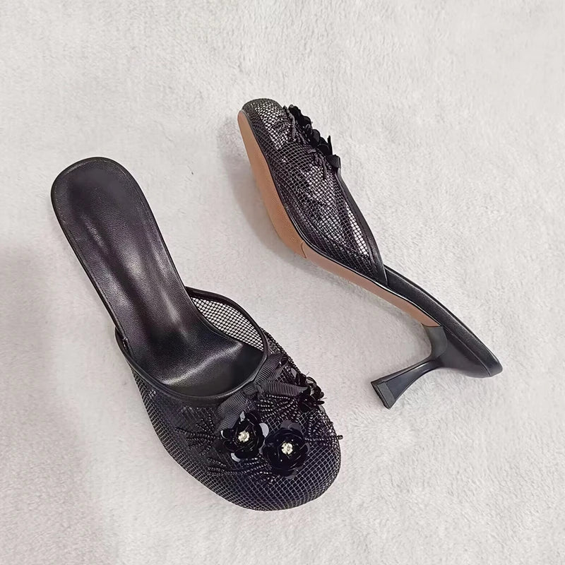 Summer mesh flower beads women slide sexy thin heel sandal
