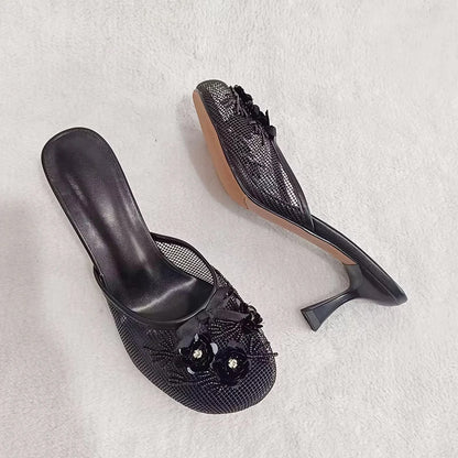 Summer mesh flower beads women slide sexy thin heel sandal