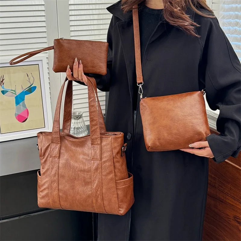 3 Set Women's New High-quality PU Leather Shoulder Cross-body Bags Luxury Designer Ladies Messenger Commuting Versatile Handbags