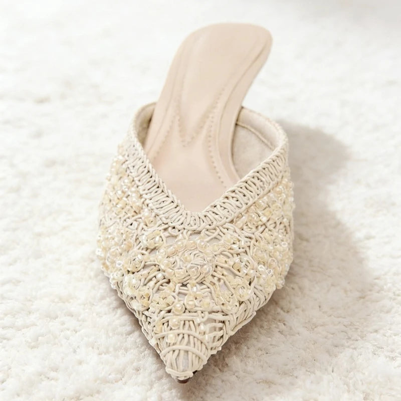 Elegant String Bead Decoration Heeled Sandals Women Sexy Pointed Toe Mesh Woven Slippers Summer Luxury Designer Shoes for Ladies