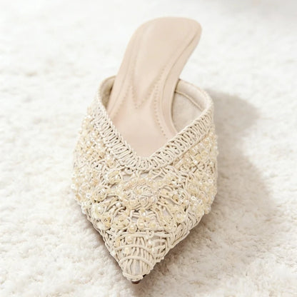 Elegant String Bead Decoration Heeled Sandals Women Sexy Pointed Toe Mesh Woven Slippers Summer Luxury Designer Shoes for Ladies