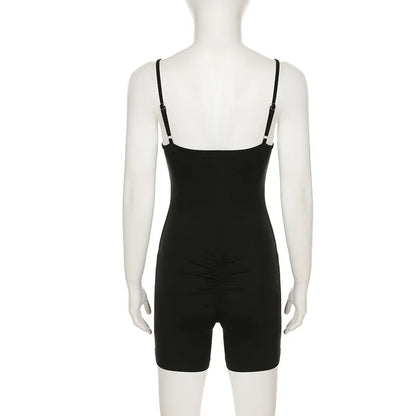 SUCHCUTE Women Black Sleeveless Short Playsuits Sexy Yoga One-piece Suit Sport Fitness Short Jumpsuits Summer Casual Bodysuits