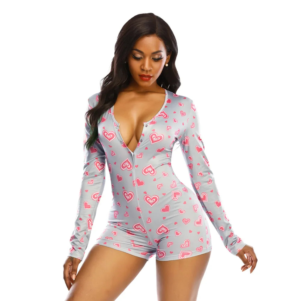 Womens Playsuit Sexy Pajama with Butt Flap Valentines Day Overalls Jumpsuit  Long Sleeve V Neck Women Bodycon Romper Sleepwear
