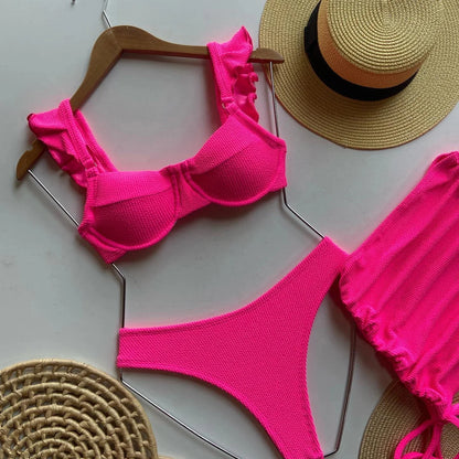 Solid Wavy Fabric Low Waist Bikini Set Cover Up Swimsuit For Women Push Up Ruffle Three Pieces Swimwear 2026 Beach Bathing Suits