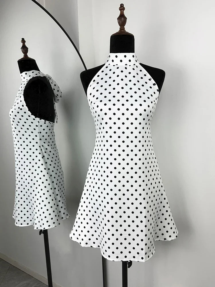 Polka Dots Halter Mini Dress Elegant Backless Sleeveless Cinched Waist Short Dresses Lace Up Skirts 2026 NEW Summer Lady Dresses