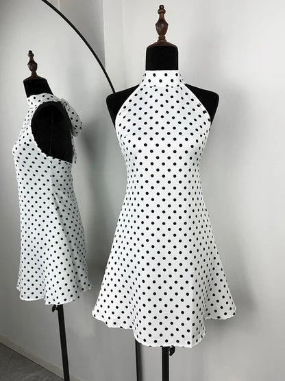 Polka Dots Halter Mini Dress Elegant Backless Sleeveless Cinched Waist Short Dresses Lace Up Skirts 2026 NEW Summer Lady Dresses