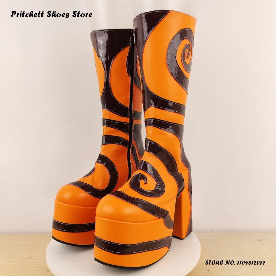 Patchwork Geometric Platform Knee Boots 2025 Spring Autumn Women's Height Increasing Shoes Round Toe Chunky Heel Western Boots