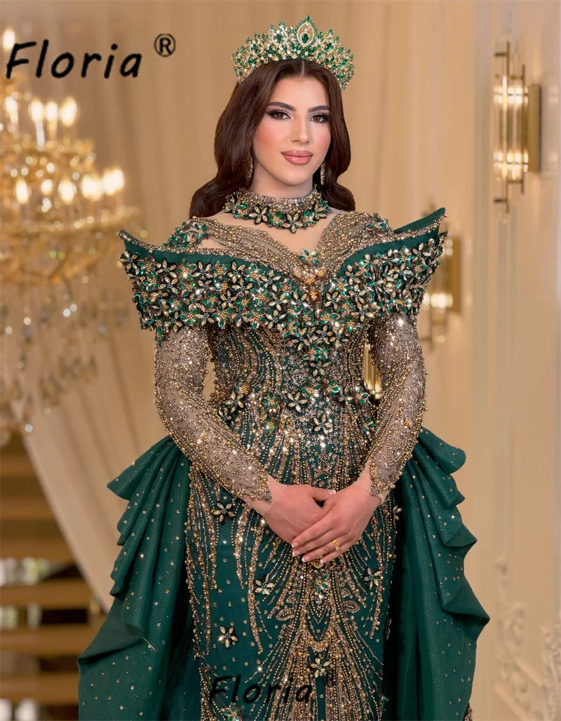 Luxo Muslim Woman Dark Green Evening Dress with Detachable Train Gold Beads Crystal Middle East Wedding Dresses Customized Prom