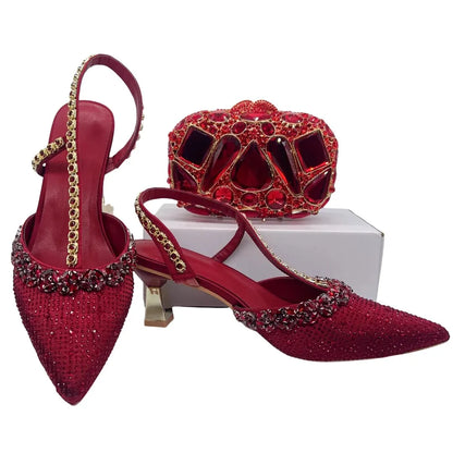 Insightlink Luxury Red Rhinestone Slingback Heels Bow Clutch Set Pointed Toe Shoes for Women Wedding Party Banquet Formal Event