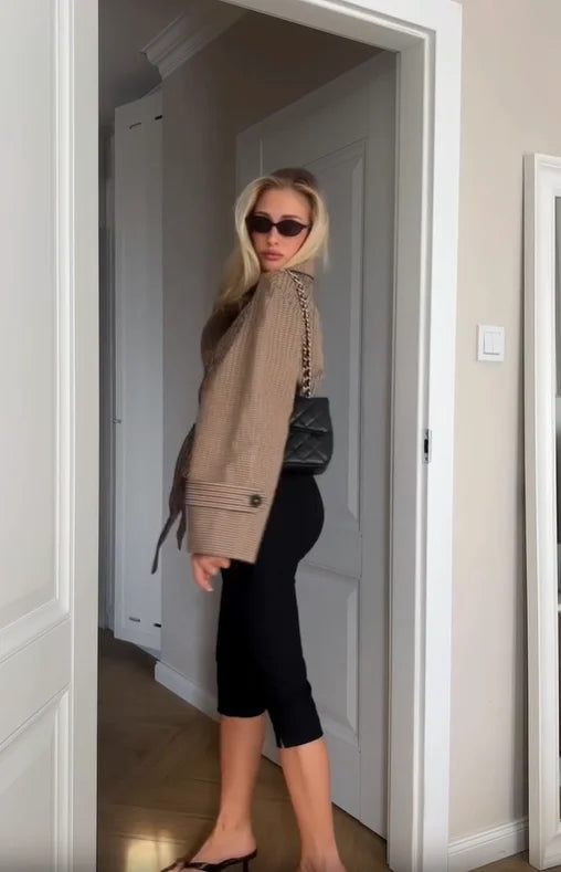 Trendy Plaid Cropped Trench Coat Women Chic Lapel Double Breasted Belted Waist Tie Long Sleeve Jacket Fall Windbreaker Outerwear