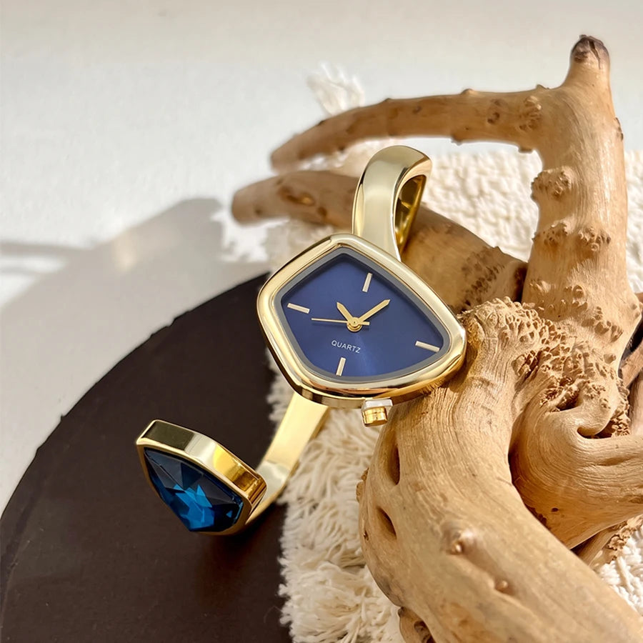 Stylish Irregular Dial Big Diamond Open Cuff Gold Watch for Woman