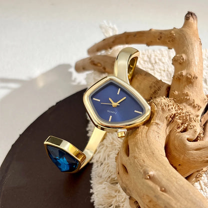Stylish Irregular Dial Big Diamond Open Cuff Gold Watch for Woman