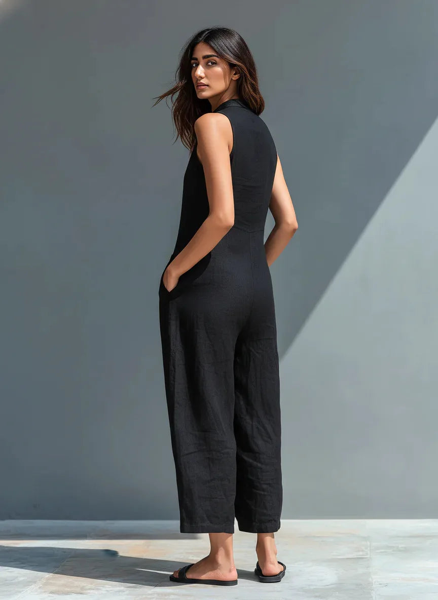 Cotton And Linen Jumpsuit Women Stand Collar Sleeveless Pocket High Waist Wide Legs Jumpsuits Casual Commuting Ladies Bodysuits