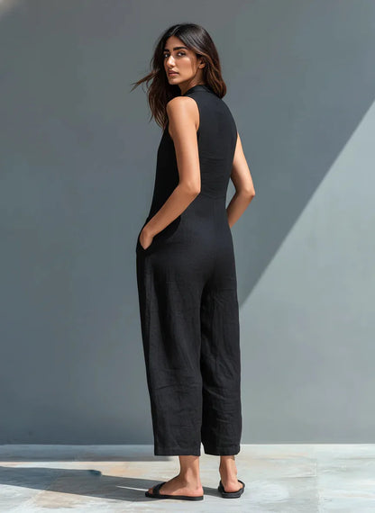 Cotton And Linen Jumpsuit Women Stand Collar Sleeveless Pocket High Waist Wide Legs Jumpsuits Casual Commuting Ladies Bodysuits
