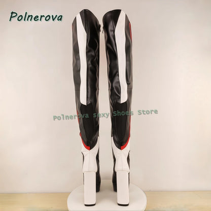 Multi Color Sexy Over The Knee Boots Round Toe Block Heels Side Zip Women Splicing Motorcycle Boots Punk Cool Style 2026 Spring
