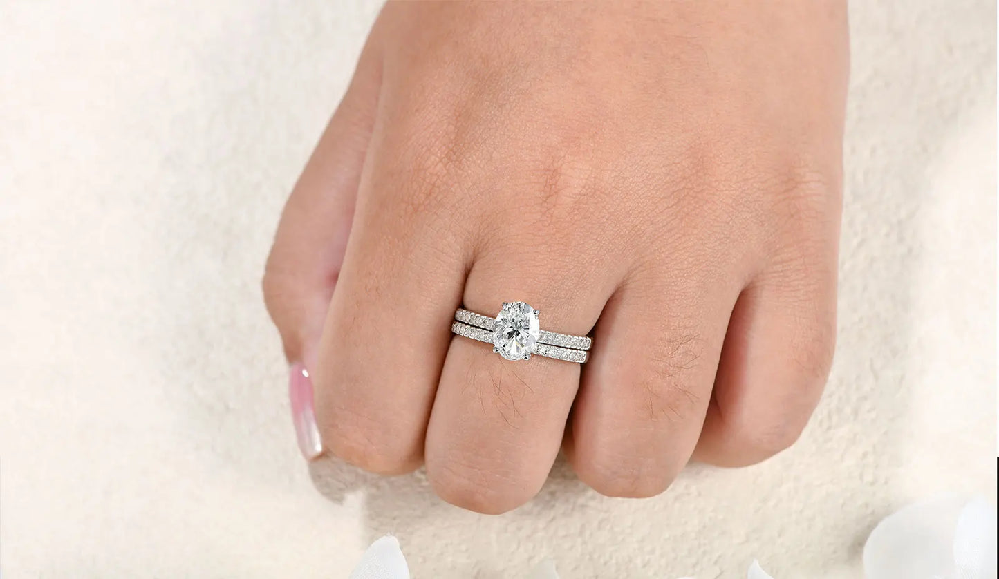 Newshe 2 Pieces 925 Sterling Silver Engagement Rings Set 1.9Ct Oval Shape AAAAA Zircon Jewelry Eternity Wedding Band BR0943