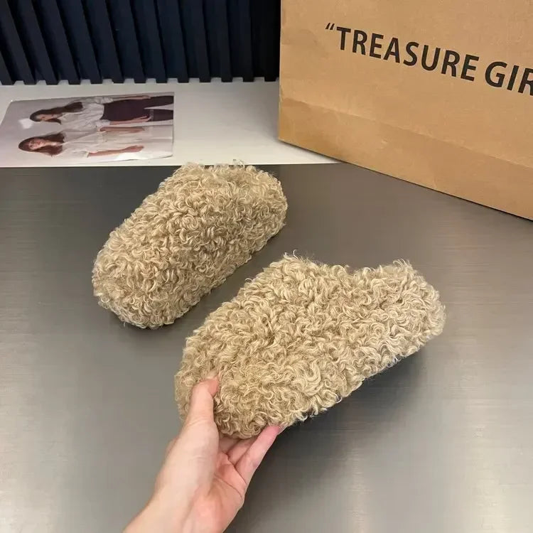 Thick Heel Luxury Lambwool Mules  Winter Shoes Woman Flip Flops Flat Cover Toe Slides Ins Warm Curly Lamb Fur Slippers Women