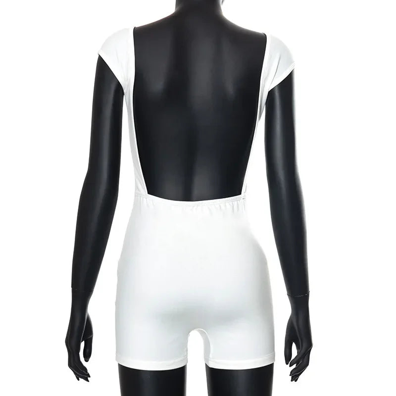Backless Rompers Women Playsuit Short Jumpsuit Square Collar Monos Mujer Elegante Solid Bodysuit Backless One-pieces Y2k Clothes