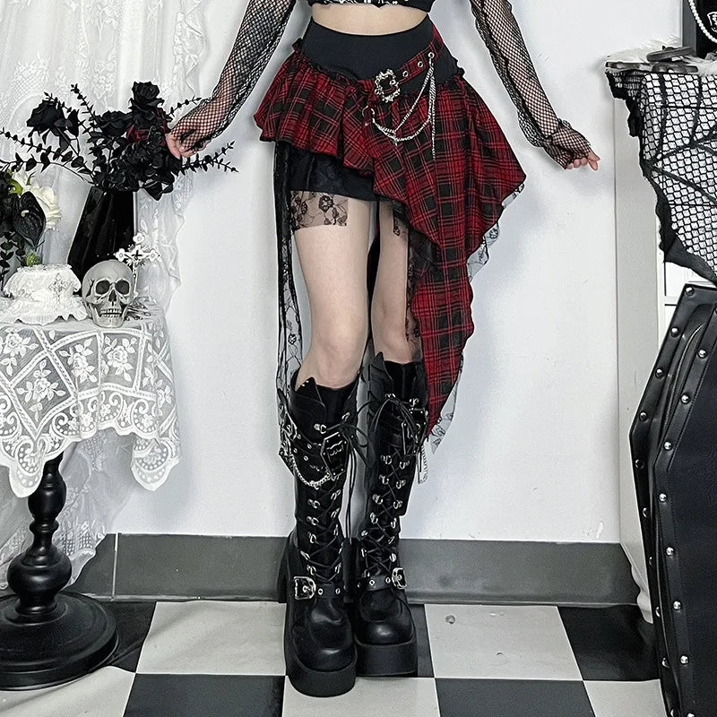 Plaid Print Patchwork Irregular Mini Kpop Casual Skirt Hot Girl Summer All Match Gothic Aesthetic Grunge Streetwear Ruffle Skirt