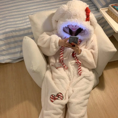 Sweet and Cute Bow Rabbit One-piece Pajamas Women's Winter New Fleece Thickened Coral Fleece Large Size Loungewear Sleepwear