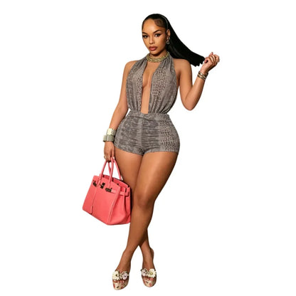 Summer Sexy Mesh Print Lace up Halter Backless Skinny Jumpsuits Women Baddies Streetwear Sleeveless Bodycon Club Party Romper