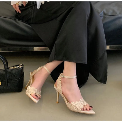 Luxury Lace Embroidery Ankle Strap Buckle Women Gladiator Sandals Elegant Thin High heels Summer Fashion Party Wedding Shoes