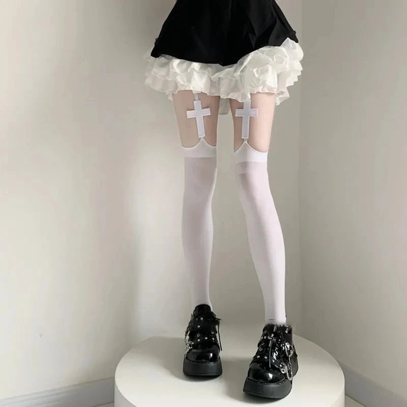 2026 Women Suspender Wide-banded Velvet Tights Lolita Thigh High Stockings with Cross Y2K JK Cosplay Over The Knee Sockings